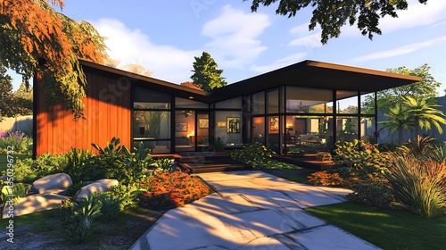 Modern mid-century home with large windows, wood siding, and landscaped yard.