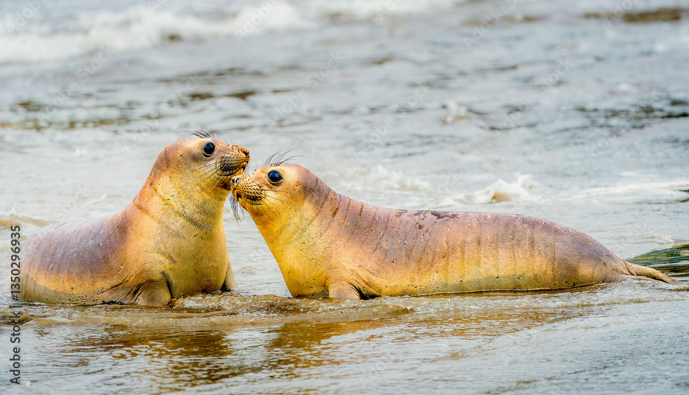 Two large Elephant Seals show affection to one another while being playful on the beach