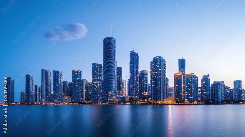 Fototapeta premium Stunning Cityscape of Tall Buildings with Reflection in Water Under Blue Hour Sky at Night