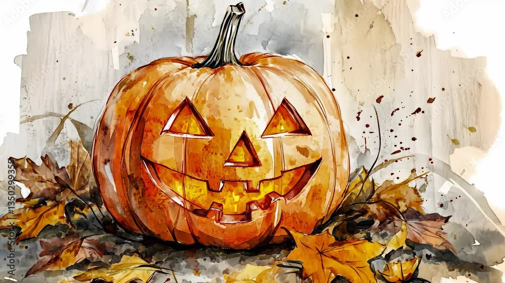 Watercolor painting of halloween pumpkin. Pumpkin drawing on a white background. A pumpkin painted with maple leaves for halloween. A watercolor depiction of a halloween pumpkin lifestyle.