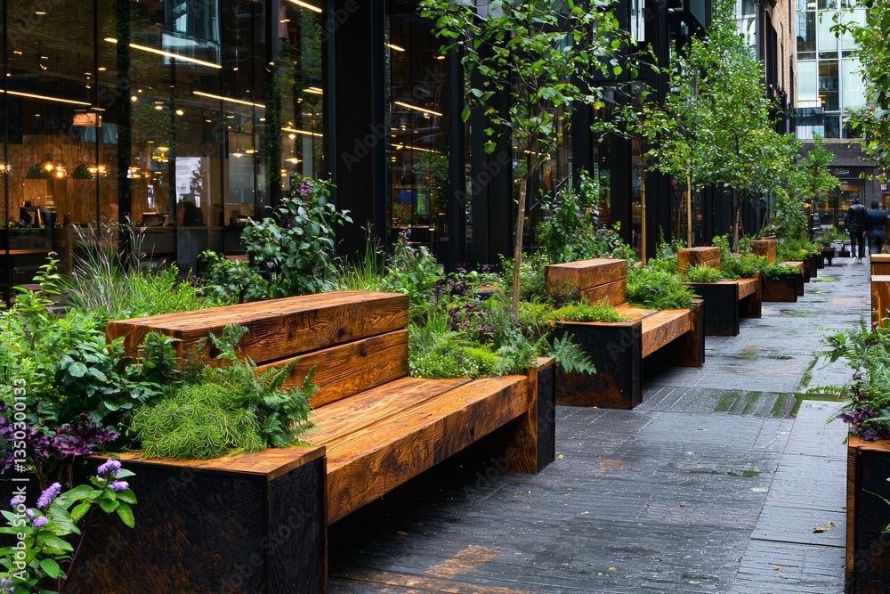 The modern cityscape's calming ambiance is achieved through the alignment of neatly-trimmed spherical shrubs and stylish wooden benches along a walkway, illuminated by the soft glow of evening light The modern cityscape's calming ambiance is achieved through the alignment of neatly-trimmed spherical shrubs and stylish wooden benches along a walkway, illuminated by the soft glow of evening light