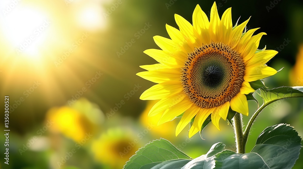 Fototapeta premium Close-up of a blooming sunflower with golden petals, surrounded by soft green leaves under warm sunlight 