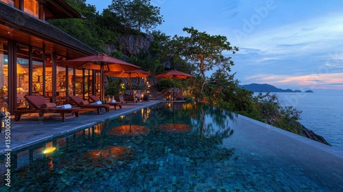 The beach is home to a modern house with a pool, a sleek pool villa, and an opulent villa overlooking the ocean at sunset