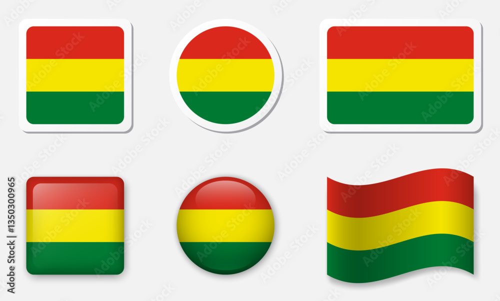 Obraz premium Flag of Bolivia icons collection. Flat stickers and 3d glass vector elements on white background.