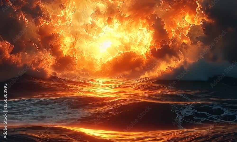 Dramatic Ocean Sunset with Fiery Sky and Turbulent Waves Creating a Majestic and Atmospheric Scene