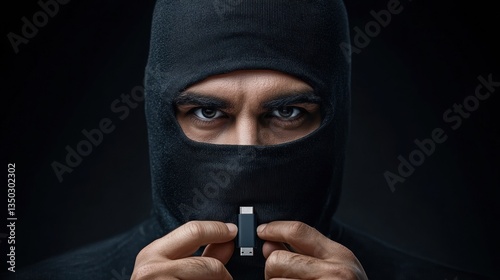 Cybercriminal with USB posing for dark portrait
