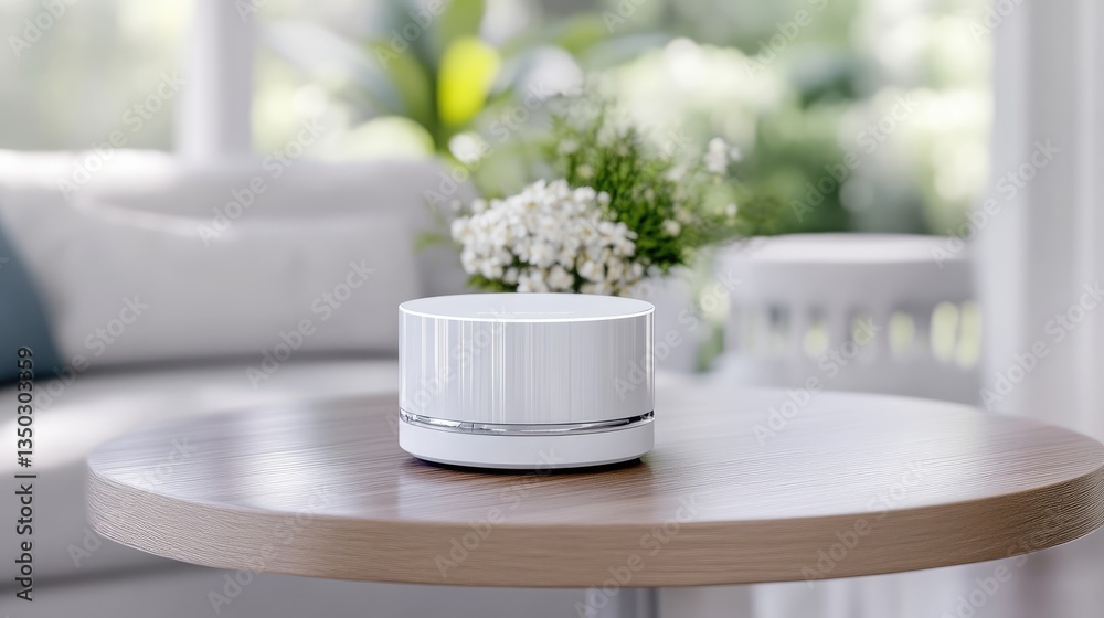 Modern wireless device on a light wooden table, featuring a bright white aesthetic, surrounded by a blurred background of a living room with greenery and comfortable furniture Modern wireless device on a light wooden table, featuring a bright white aesthetic, surrounded by a blurred background of a living room with greenery and comfortable furniture
