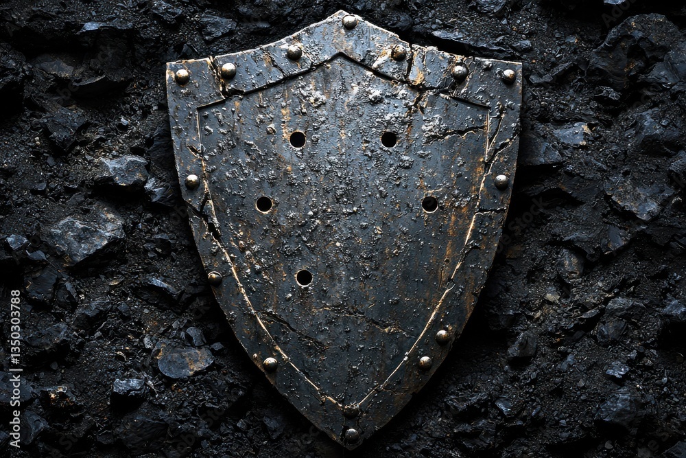 Naklejka premium Ancient shield resting on a bed of coal surrounded by shadows in a dimly lit environment