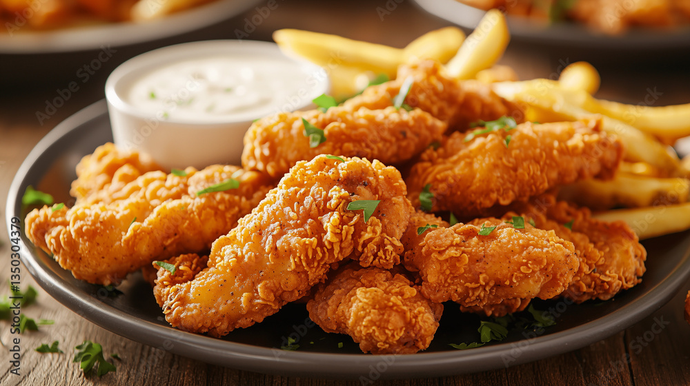 A plate of perfectly fried crispy chicken tenders, golden brown and served with a small bowl of creamy dipping sauce. A plate of perfectly fried crispy chicken tenders, golden brown and served with a small bowl of creamy dipping sauce.