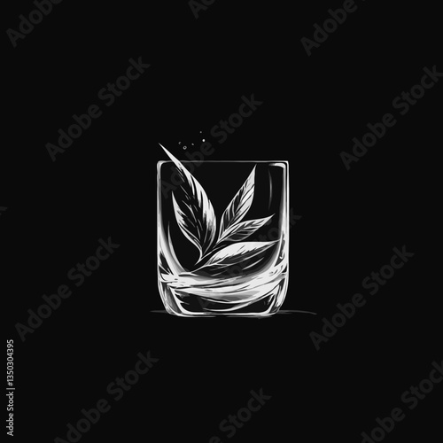 Whiskey Glass with Leaves Minimalist Illustration