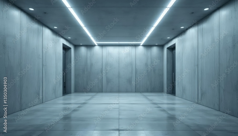 The basement room on the bottom floor of the building's parking lot is empty in an industrial cast concrete style. Abstract modern minimal background