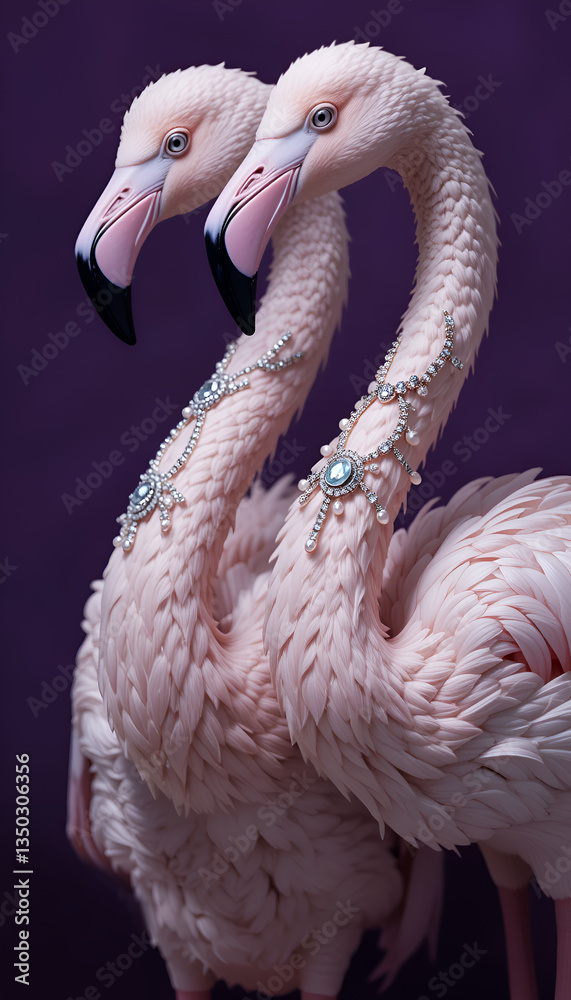 beautiful soft pink flamingos in diamond presious necklace against purple background. Digital art. Ai generated