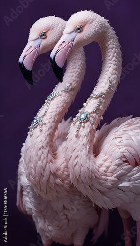 Obraz na płótnie beautiful soft pink flamingos in diamond presious necklace against purple background. Digital art. Ai generated w salonie