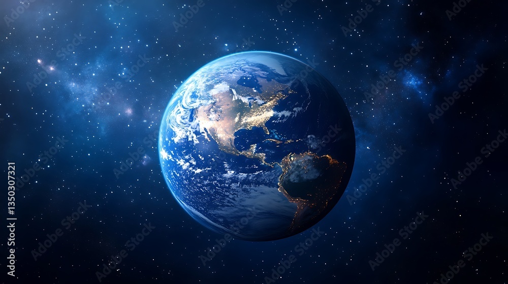 Earth in space, showing North and Central America, with stars and nebulae in background. Earth in space, showing North and Central America, with stars and nebulae in background.