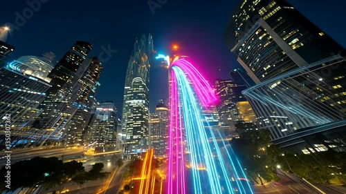 Wallpaper Mural Futuristic city skyline with vibrant light trails showcasing urban connectivity Torontodigital.ca