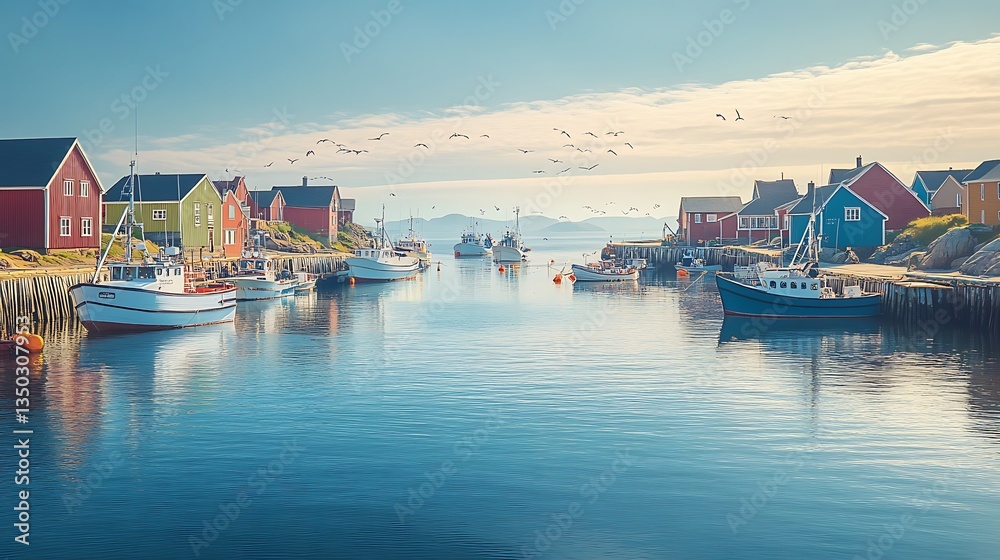 Obraz premium Colorful fishing village harbor with boats at sunrise.
