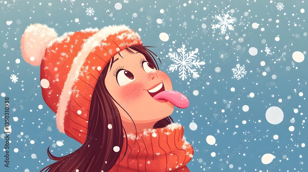 Cheerful girl in winter hat catching snowflakes, playful outdoor activity concept Cheerful girl in winter hat catching snowflakes, playful outdoor activity concept