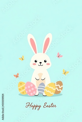 Adorable Easter Bunny with Colorful Eggs and Butterflies on Blue Background