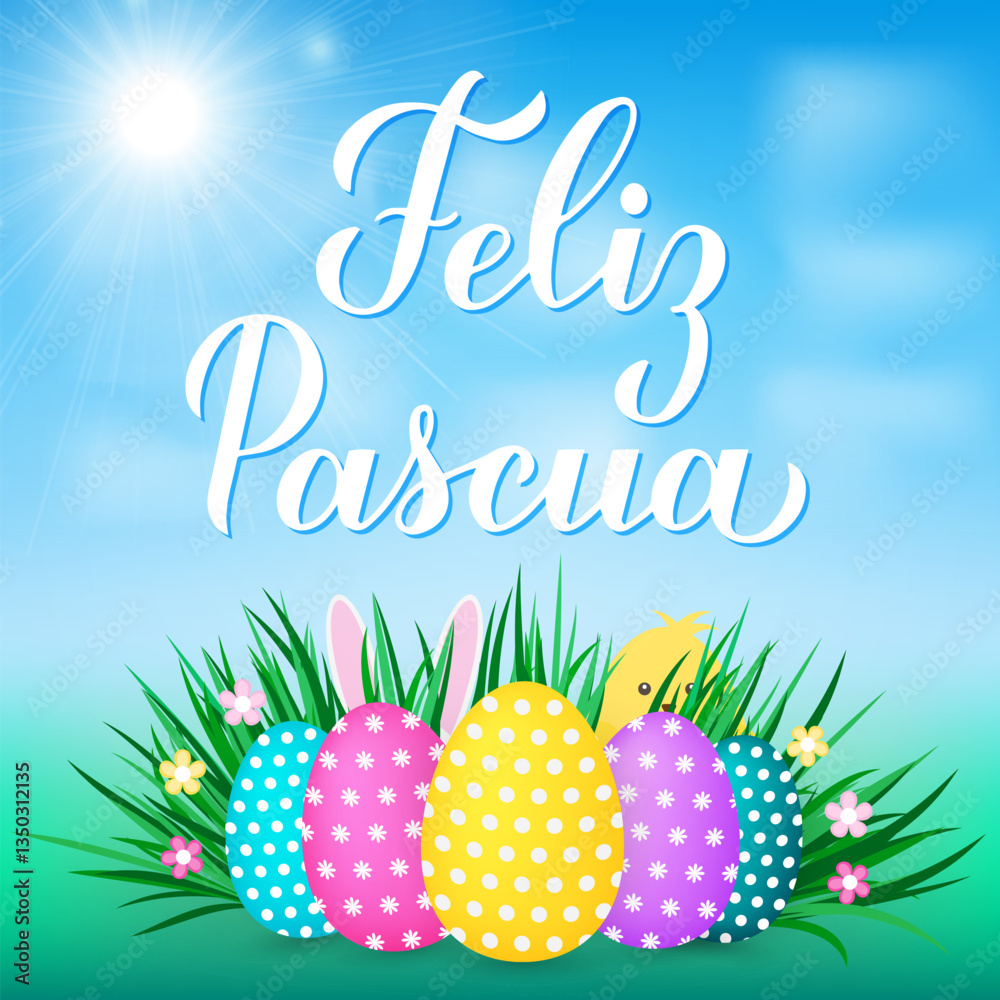 Happy Easter calligraphy hand lettering in Spanish language. Easter eggs on grass, cute cartoon bunny and chicken. Vector template for typography poster, greeting card, banner, etc.