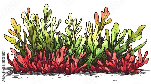 High-Quality Image of Green and Red Edible Algae Fucus with Black Lines