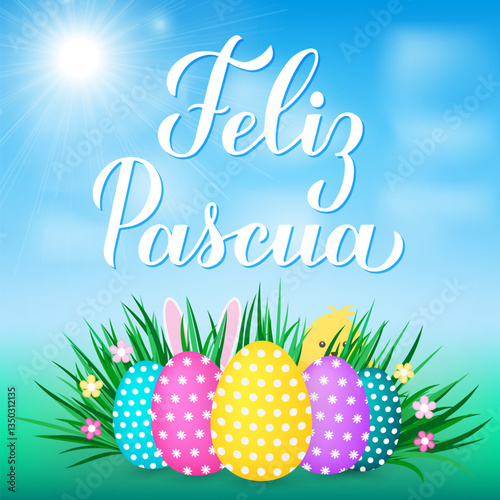 Obraz na płótnie Happy Easter calligraphy hand lettering in Spanish language. Easter eggs on grass, cute cartoon bunny and chicken. Vector template for typography poster, greeting card, banner, etc. w salonie