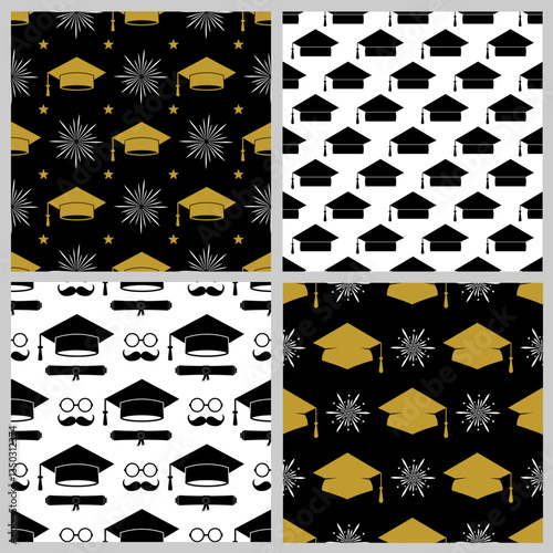 Graduation cap seamless pattern. Set of 4. grad ceremony backdrop. Vector template for fabric, textile, wrapping paper, scrapbooking, wallpaper, etc.