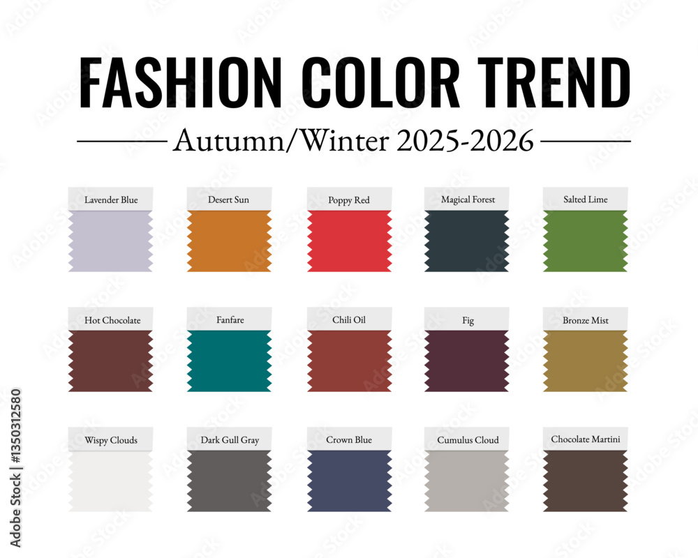 Fashion Color Trend Autumn - Winter 2025 - 2026. Fabric swatches with color names. Trendy colors palette guide. Vector template for your creative designs.
