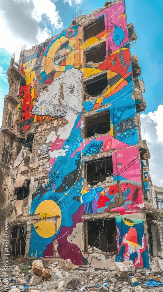 Fototapeta premium Vibrant Mural on Destroyed Building.