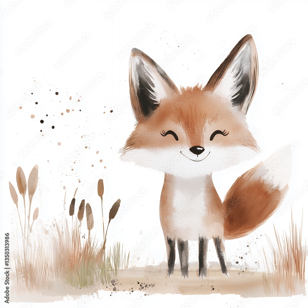 Obraz premium Adorable Cartoon Fox in Watercolor Style Illustration