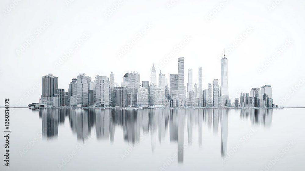 Fototapeta premium Monochrome Manhattan skyline reflecting on calm water, cityscape panoramic, urban development