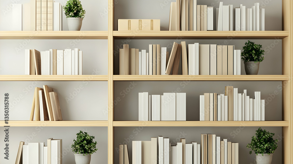 Bookshelf with books, plants, and boxes. Home office design Bookshelf with books, plants, and boxes. Home office design