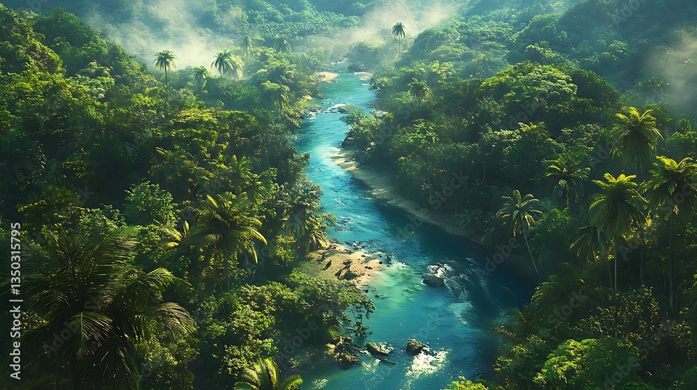 Obraz premium Lush jungle river valley, vibrant greenery, misty morning light