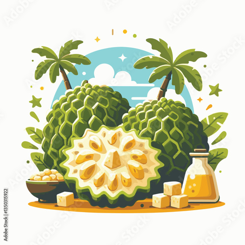 background, breadfruit, food, fresh, tropical, nature, leaf, fruit, plant, organic, healthy, green, vegetarian, natural, sweet, illustration, garden, exotic, white, summer, foliage, vitamin, freshness