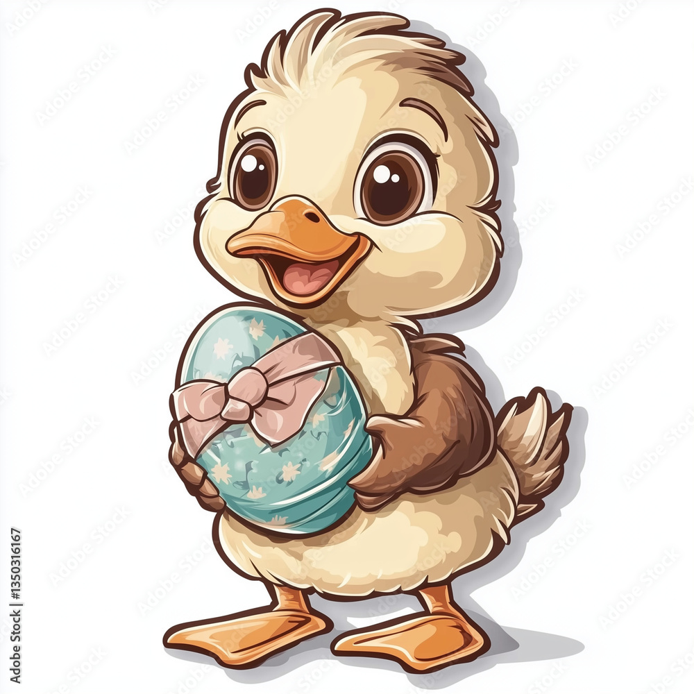 Obraz premium Sticker of a Cute Duckling with Easter Egg, Cartoon Illustration