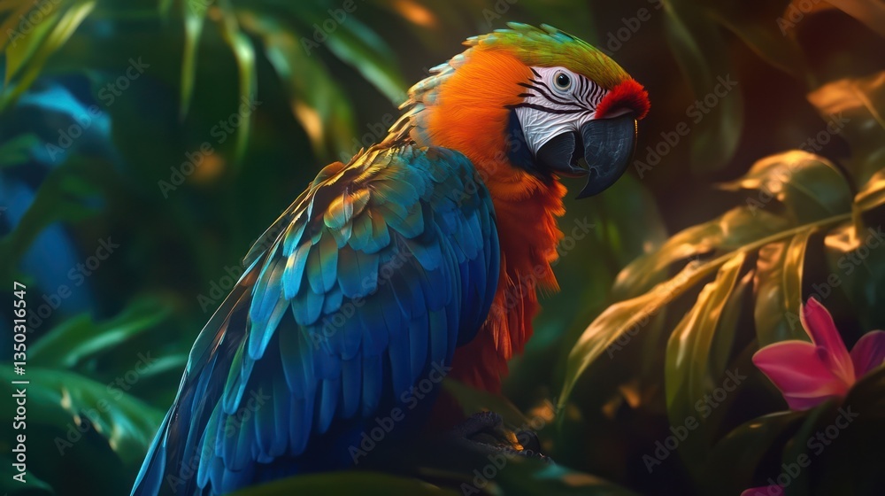 Obraz premium Macaw Perched Jungle Leaf Background