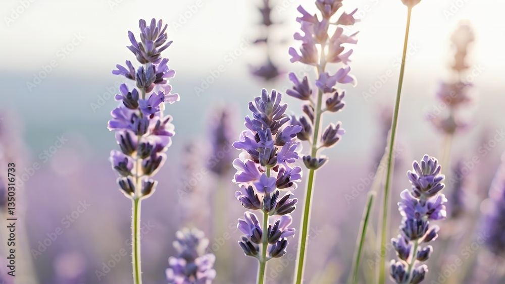 Fototapeta premium Beautiful close-up of vibrant lavender flowers in a sunlit field at dusk, evoking a serene and calming atmosphere, ideal for uses in nature, relaxation, or floral-themed applications