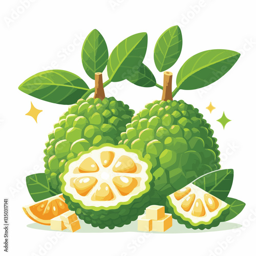 background, breadfruit, food, fresh, tropical, nature, leaf, fruit, plant, organic, healthy, green, vegetarian, natural, sweet, illustration, garden, exotic, white, summer, foliage, vitamin, freshness