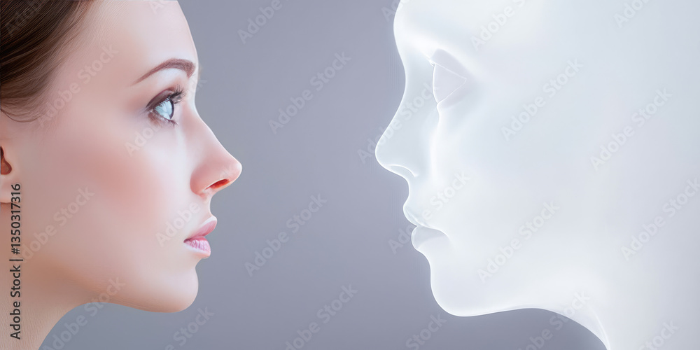 Fototapeta premium A woman stares at a hallucinating ghost. Schizophrenia, visions, mental disorder.