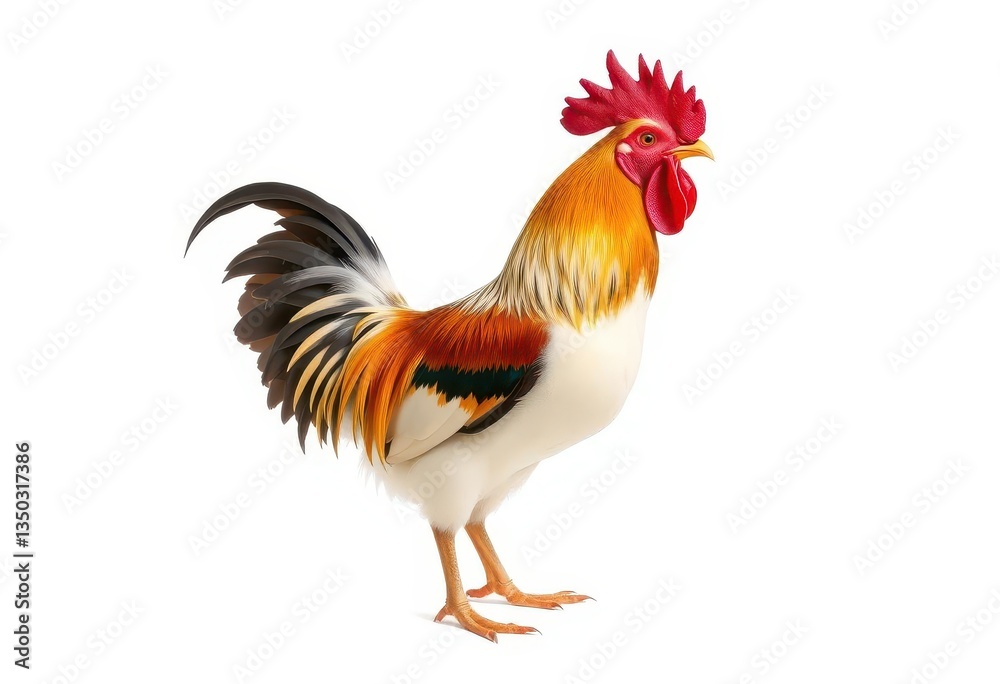 Fototapeta premium A small, isolated rooster bantam crowing against a pure white background, wildlife, isolated