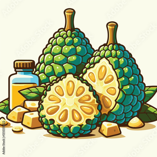 background, breadfruit, food, fresh, tropical, nature, leaf, fruit, plant, organic, healthy, green, vegetarian, natural, sweet, illustration, garden, exotic, white, summer, foliage, vitamin, freshness