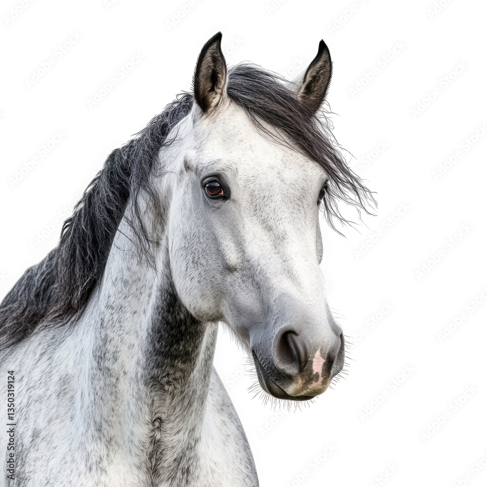 Fototapeta premium a close-up portrait of a beautiful gray horse with flowing mane against a white background showcasing its gentle features and expressive eyes