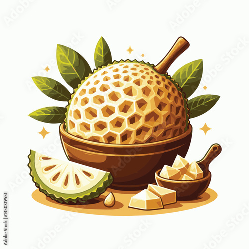 background, breadfruit, food, fresh, tropical, nature, leaf, fruit, plant, organic, healthy, green, vegetarian, natural, sweet, illustration, garden, exotic, white, summer, foliage, vitamin, freshness