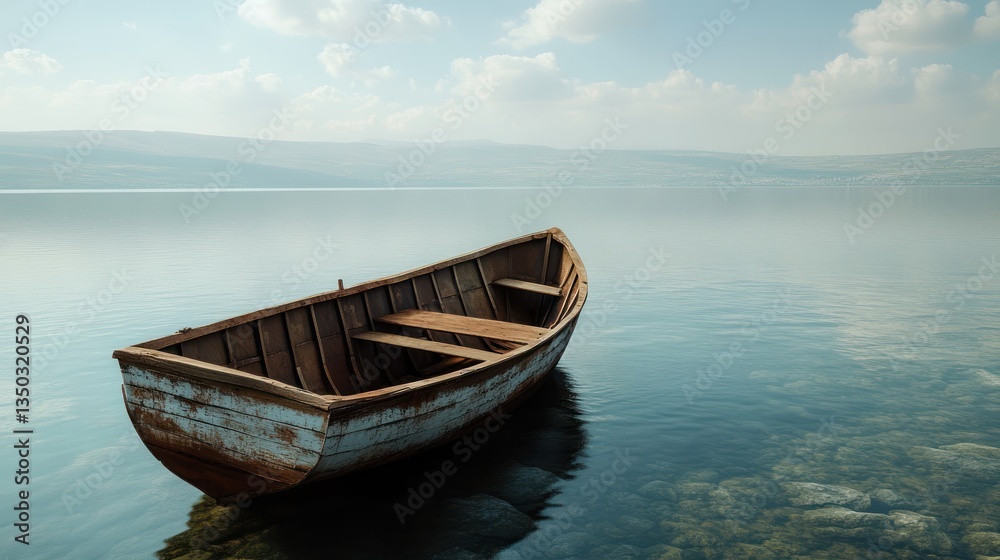 Calm lake, lone boat, misty mountains Calm lake, lone boat, misty mountains