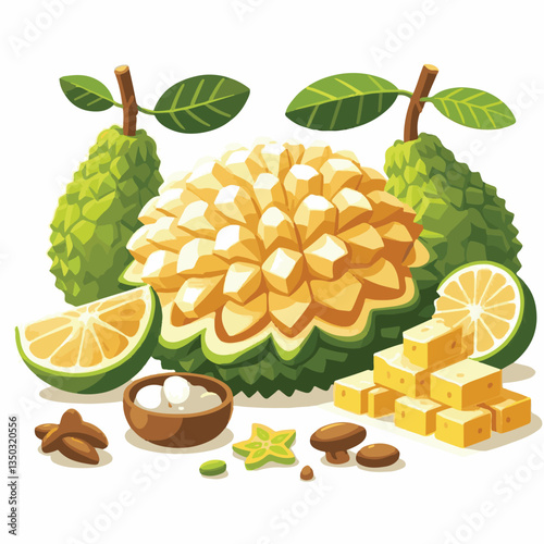 background, breadfruit, food, fresh, tropical, nature, leaf, fruit, plant, organic, healthy, green, vegetarian, natural, sweet, illustration, garden, exotic, white, summer, foliage, vitamin, freshness