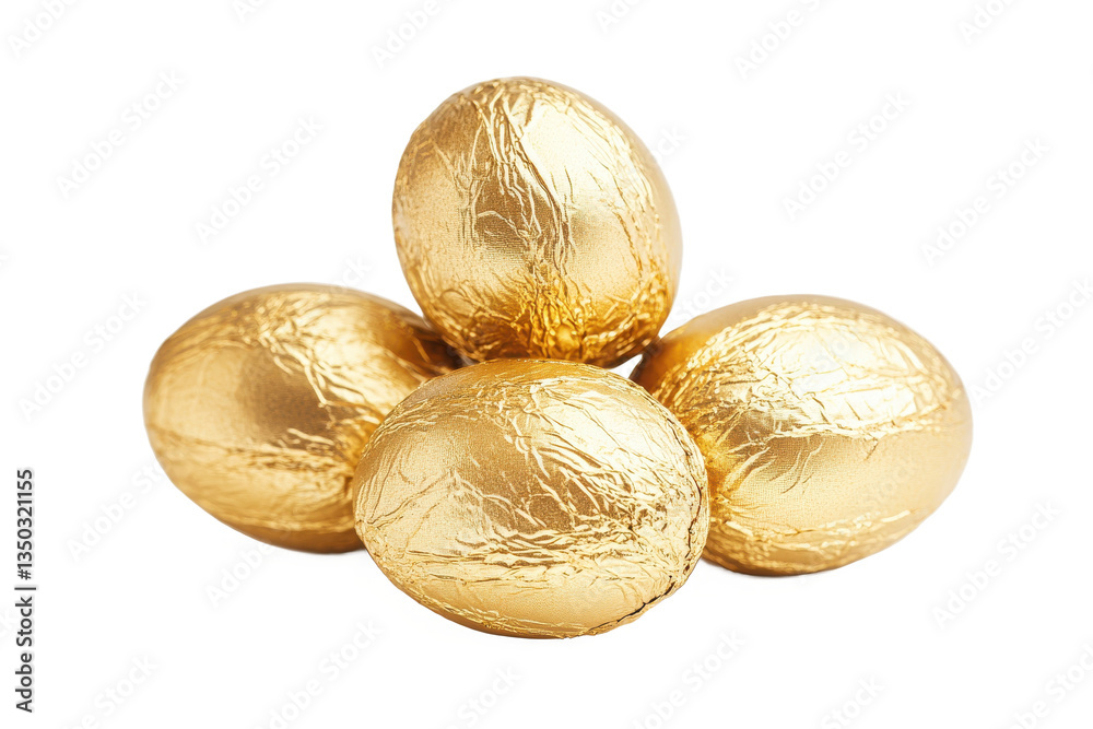 Shiny chocolate eggs wrapped in gold foil isolated on white for a luxurious and festive candy or gift option
Shiny chocolate eggs wrapped in gold foil isolated on white for a luxurious and festive candy or gift option