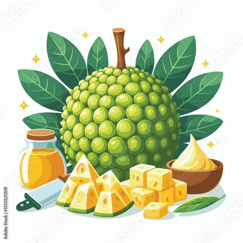 background, breadfruit, food, fresh, tropical, nature, leaf, fruit, plant, organic, healthy, green, vegetarian, natural, sweet, illustration, garden, exotic, white, summer, foliage, vitamin, freshness