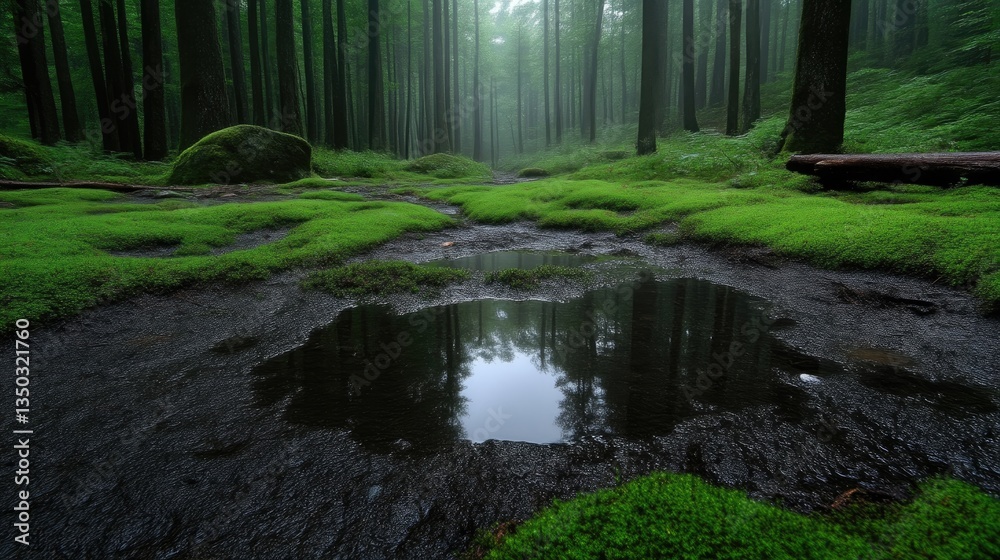 Obraz premium Misty forest floor with a tranquil puddle