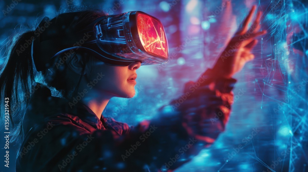 Woman VR Headset Night Metaverse Woman VR Headset Night Metaverse