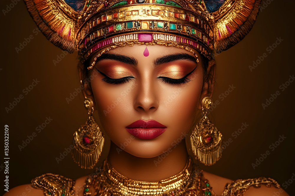 Goddess of the Nile: A regal portrait adorned in golden regalia and elaborate jewelry Goddess of the Nile: A regal portrait adorned in golden regalia and elaborate jewelry