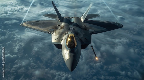 Fighter jet soaring through clouds, launching missile in dynamic aerial combat scenario